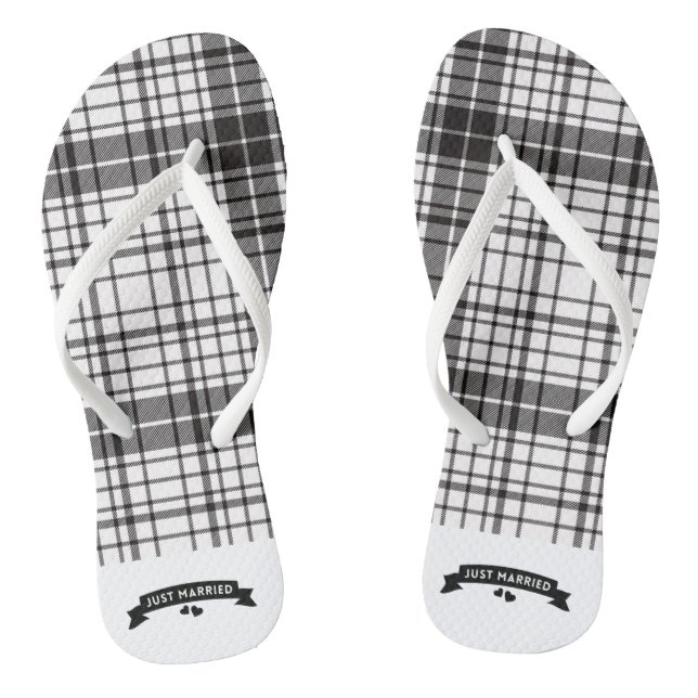 Just Married Black and White Plaid Thongs (Footbed)