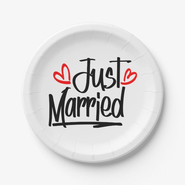 Just Married Black And White Wedding Announcement Paper Plate (Front)