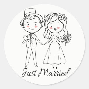 Just Married Black And White Wedding Bride Groom Classic Round Sticker