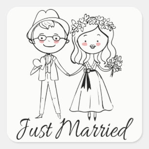 Just Married Black And White Wedding Bride Groom Square Sticker