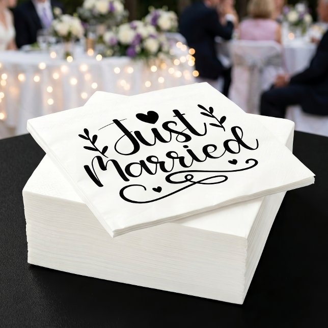 Just Married Black Script Minimalist Wedding Napkin (Creator Uploaded)