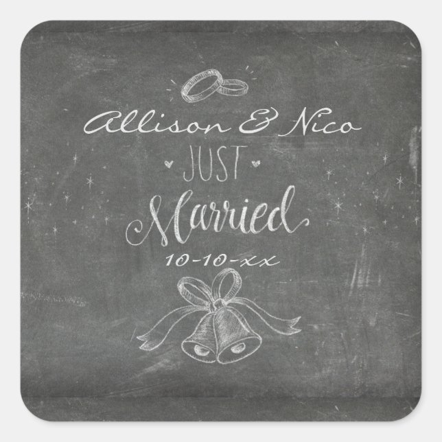 Just Married Blackboard Personalised Wedding Square Sticker (Front)