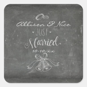 Just Married Blackboard Personalised Wedding Square Sticker