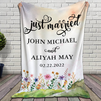 Just Married Blanket with Watercolor Wild Flowers