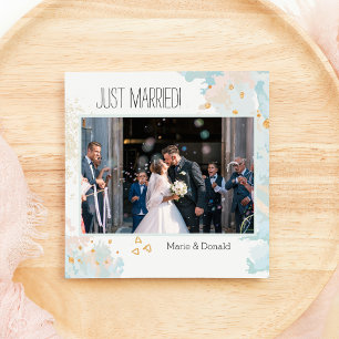 Just Married Blue Coral Abstract Marble Gold Holiday Card