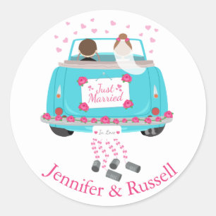 Just Married Blue Pink Bride Groom Wedding Classic Round Sticker