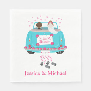 Just Married Blue Turquoise & Pink Wedding Car Napkin