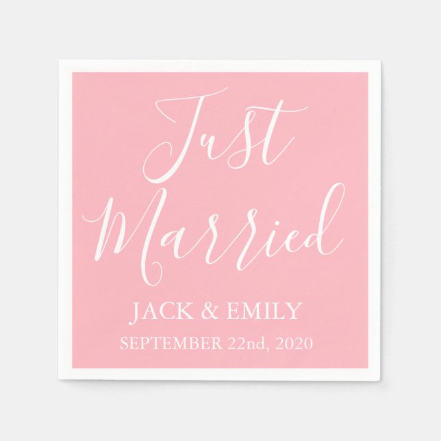 Just Married Blush Pink and White Napkins (Front)