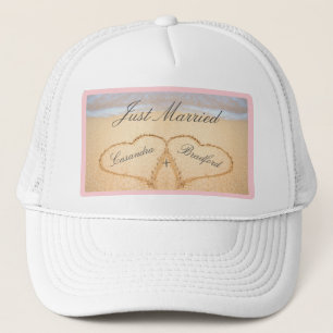 Just Married, Blush Pink Beach Wedding 2 Heart  Trucker Hat