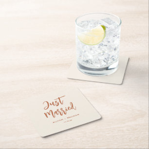 Just Married Boho Desert Wedding Reception Square Paper Coaster