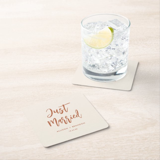 Just Married Boho Desert Wedding Reception Square Paper Coaster (Insitu)