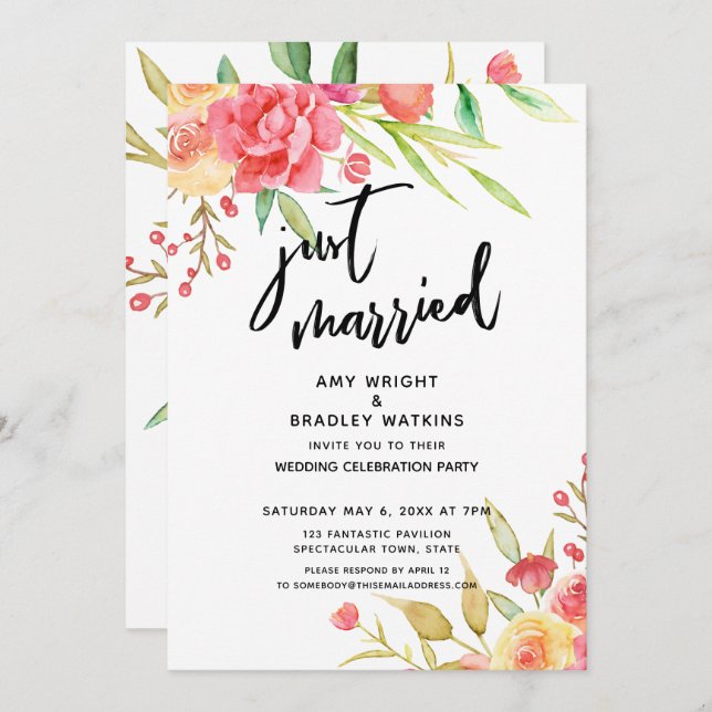 Just Married Boho Flowers Wedding Reception Invitation (Front/Back)