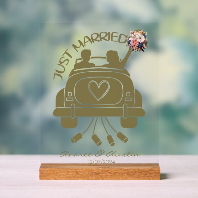 Just Married Bridal Bouquet Vintage Car Acrylic Sign (Neutral)