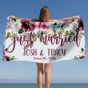 Just Married Bride and Groom Custom Wedding  Beach Towel