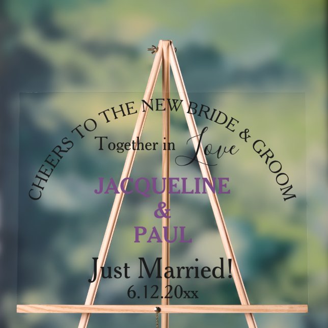 Just Married Bride and Groom Dusty Violet Clear Acrylic Sign (Neutral)