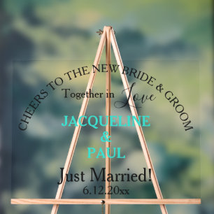 Just Married Bride and Groom Turquoise Names Clear Acrylic Sign