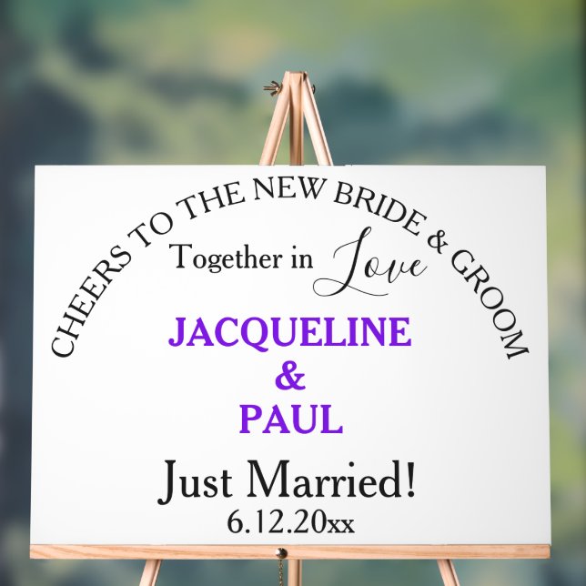 Just Married Bride and Groom Violet Names White Acrylic Sign (Neutral)