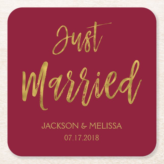 Just Married Burgundy and Gold Foil Coasters (Front)