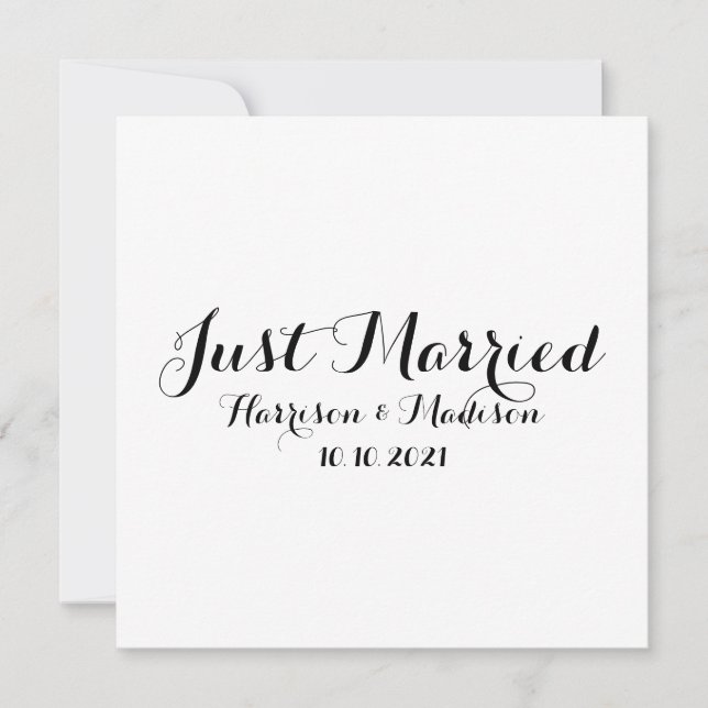 Just Married calligraphy Wedding Announcement card (Front)