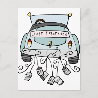 Just married car dragging cans announcement postcard
