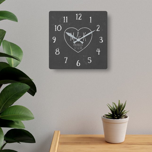 Just Married Chalkboard Heart Monogram Clock (Also available in a square style)