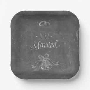 Just Married Chalkboard Wedding Rings Bells Square Paper Plate