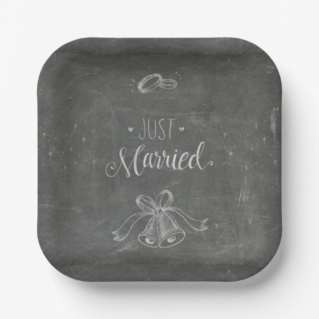 Just Married Chalkboard Wedding Rings Bells Square Paper Plate (Front)