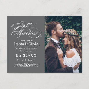 Just Married Charcoal Grey Elegant Wedding Photo Announcement Postcard