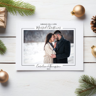 Just Married Christmas Wedding Photo Botanical Holiday Card