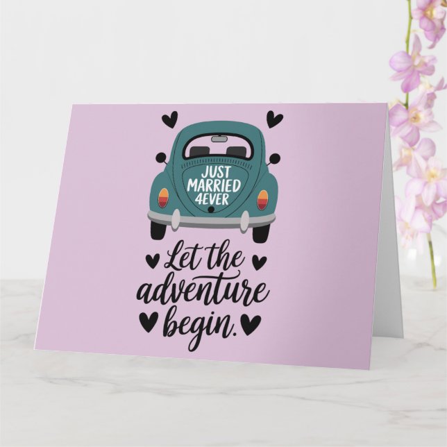 Just Married Classic Car Wedding  Card (Orchid)