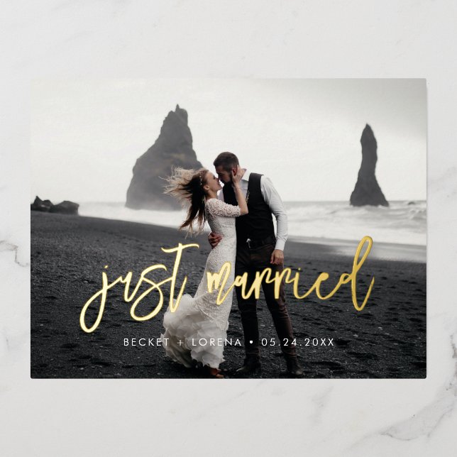 Just married Contemporary photo black and gold Foil Invitation Postcard (Front)