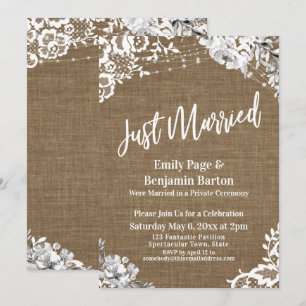 Just Married Country Burlap Lace Lights Floral Invitation
