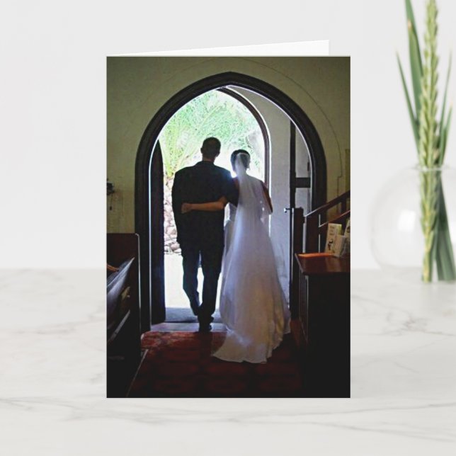 Just Married Couple Leaving Church Greeting Card (Front)