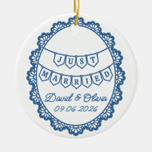 Just Married Couple Names & Wedding Date Ceramic Ornament