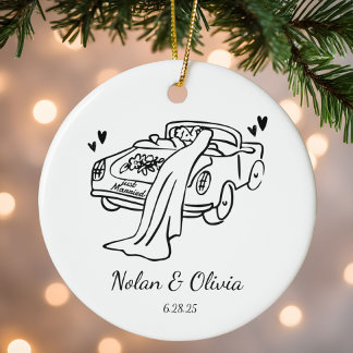 Just Married Custom Couple Names & Wedding Date Ceramic Ornament