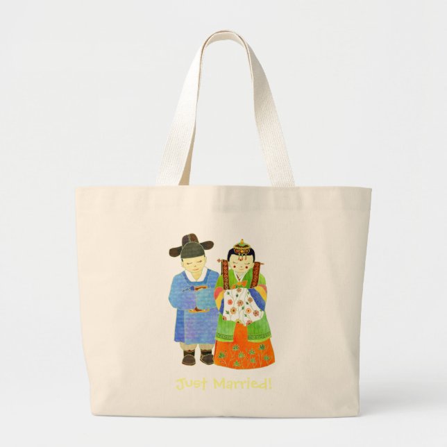 Just Married! Cute Bride and Groom Gift Large Tote Bag (Front)