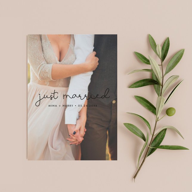 Just married Cute script wedding photo card (Creator Uploaded)