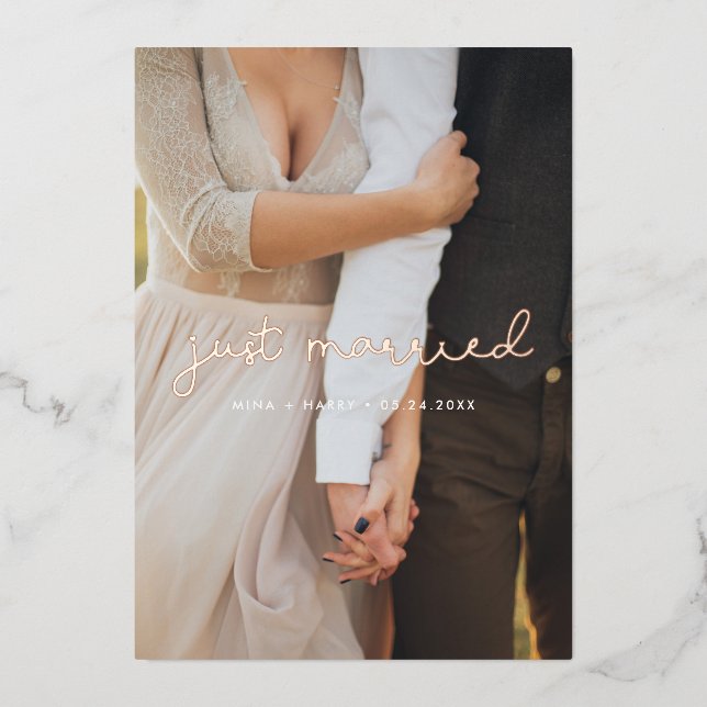 Just Married Cute Wedding Announcement Foil Card (Front)
