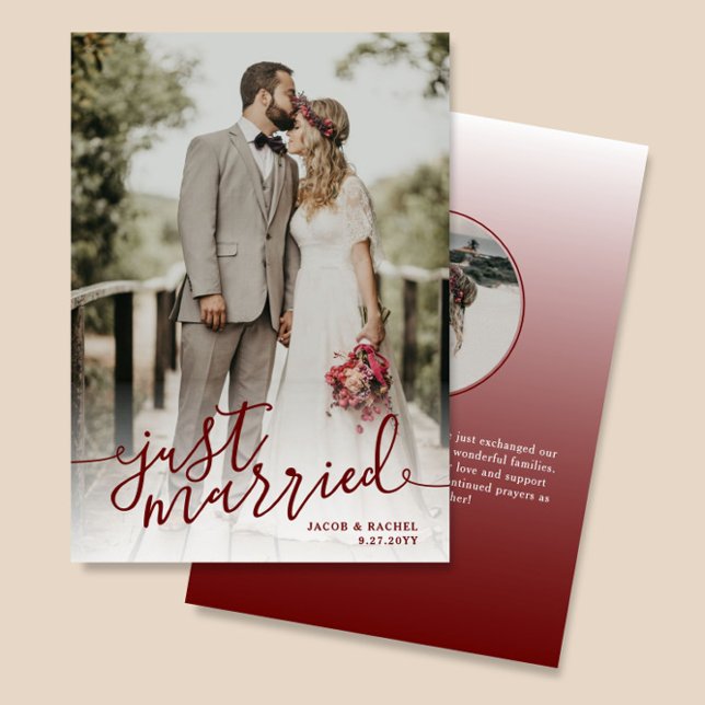 Just Married Dark Red Script Overlay Photo Wedding Announcement (Creator Uploaded)