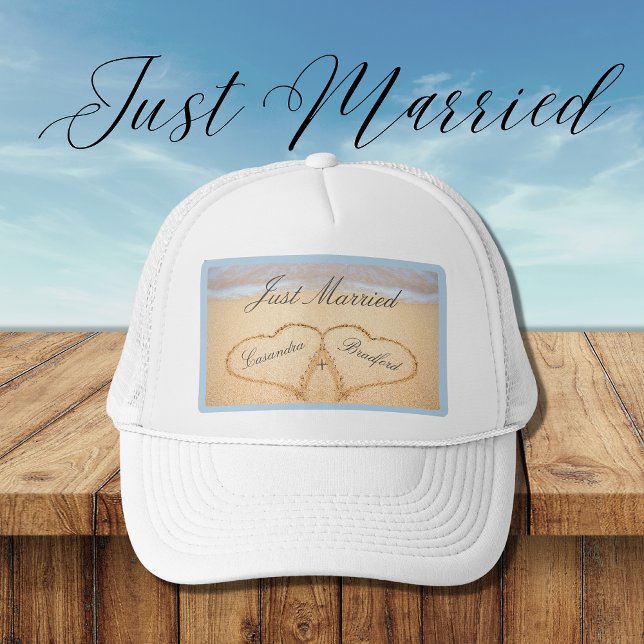 Just Married, Dusty Blue Beach Wedding 2 Heart  Trucker Hat (Creator Uploaded)