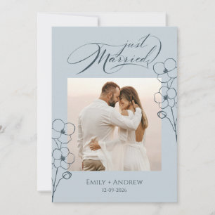 Just Married Dusty Blue Calligraphy Floral Photo  Announcement