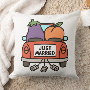 Just Married Eggplant and Peach Cushion