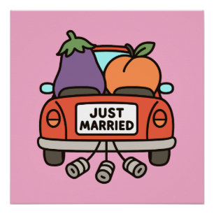 Just Married Eggplant and Peach Poster