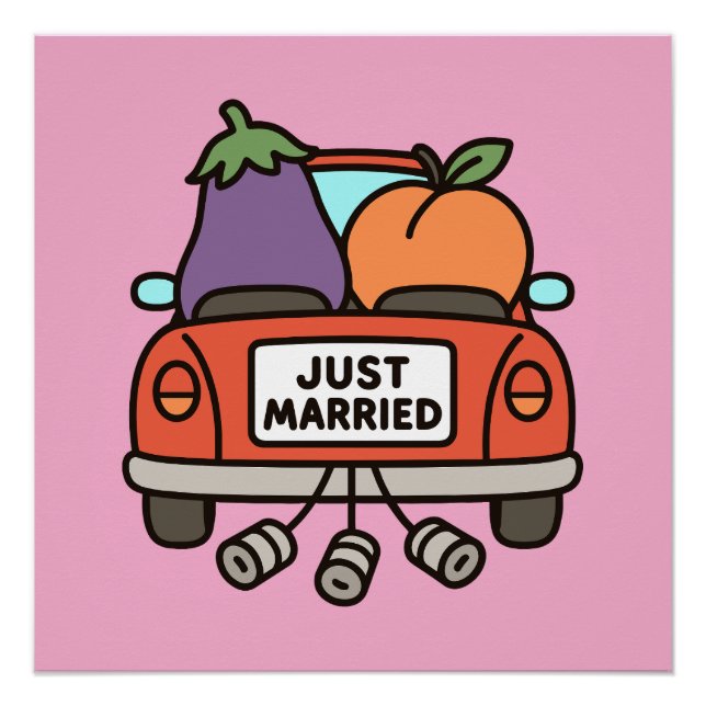 Just Married Eggplant and Peach Poster (Front)