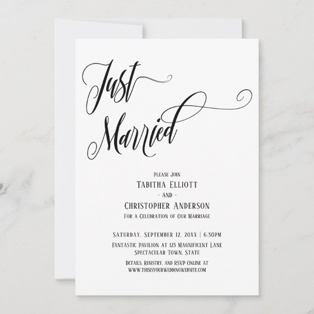 Just Married Elaborate Script in Black and White Invitation (Front)
