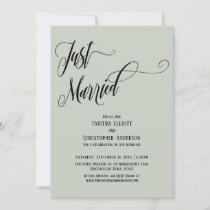 Just Married Elaborate Script, Light Sage Green Invitation