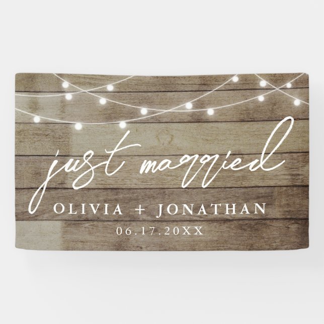 Just Married Elegant Calligraphy Rustic Wedding Banner (Horizontal)