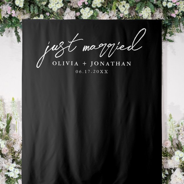 Just Married Elegant Calligraphy Wedding Backdrop Tapestry (Personalized wedding photo backdrop tapestry with just married in elegant calligraphy script.)