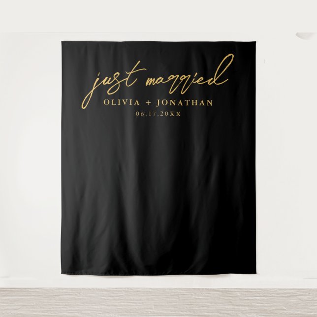 Just Married Elegant Calligraphy Wedding Backdrop Tapestry (Front)