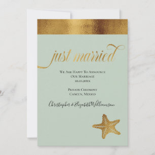 Just Married Elegant Faux Gold Starfish Mint Green Announcement